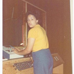 Ms. Kim Paumer on the light show controls 1976 at a Phil LeBash party in York, Pennsylvania 1976.jpg