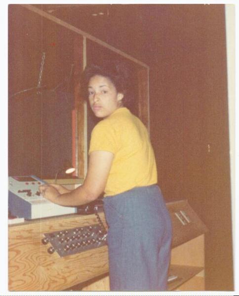 Ms. Kim Paumer on the light show controls 1976 at a Phil LeBash party in York, Pennsylvania 1976.jpg